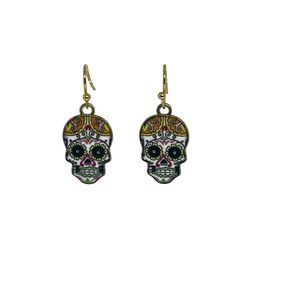 Sugar Skull Earrings Rose Eyes & Cross - Gold Plated Enamel - Hypoallergenic